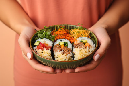 traditional Japanese food. woman in casual clothes hold sushi rolls served on plate. ai generatedの素材