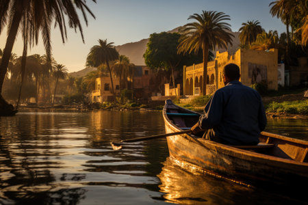 beautiful city in Egypt at sunset, people on boat. ai generatedの素材