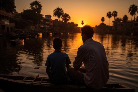beautiful city in Egypt at sunset, people on boat. ai generatedの素材