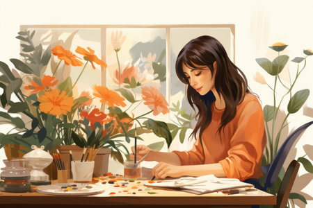 artist illustrator working in her workspace, cartoon style illustration, , ai generatedの素材