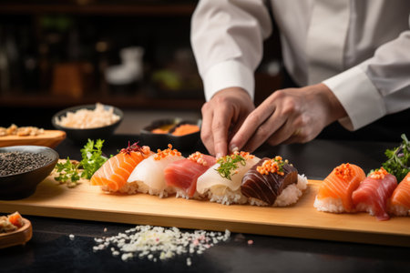 Closeup of chef hands preparing Japanese food, ai generatedの素材
