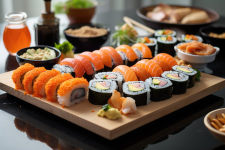 platter of sushi rolls, family dinner sushi set. ai generatedの素材