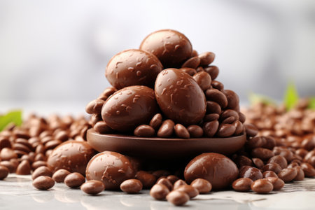 Chocolate eggs and spring flowers on light background. ai generatedの素材