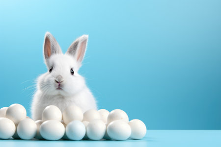 Cute white bunny with Easter eggs on blue background with copy space. ai generatedの素材