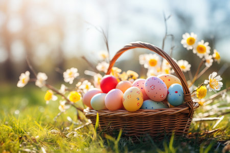 Basket of easter eggs on green grass at sunny day. ai generatedの素材