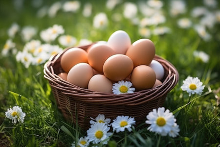 Basket of easter eggs on green grass with chamomile flowers at sunny day. ai generatedの素材