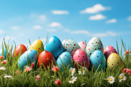 easter eggs on green grass at sunny day. ai generatedの素材