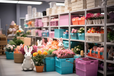 storage room in supermarket full of various Easter decorations in boxes. ai generatedの素材