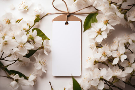white card mockup next to spring flowers. ai generatedの素材