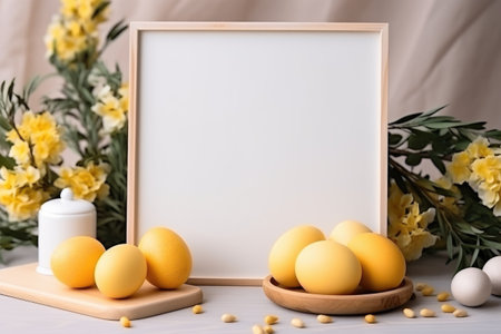 Happy Easter concept with easter eggs in nest and spring flowers. wooden frame on the table decorated for Easter. ai generatedの素材