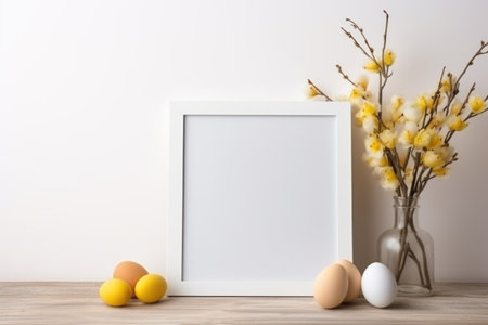 Happy Easter concept with easter eggs in nest and spring flowers. wooden frame on the table decorated for Easter. ai generatedの素材