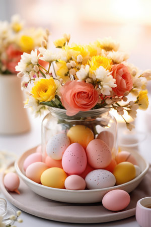 beautiful table setting with spring flowers and colorful eggs. ai generatedの素材