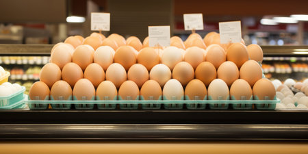 Variety brand of Eggs pack on shelves in a supermarket. supermarket shelves full of eggs. ai generatedの素材