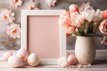 Happy Easter concept with easter eggs in nest and spring flowers. wooden frame on the table decorated for Easter. ai generatedの素材