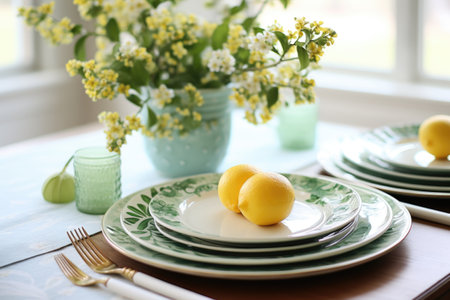 Beautiful table setting with spring flowers for Easter celebration. ai generatedの素材
