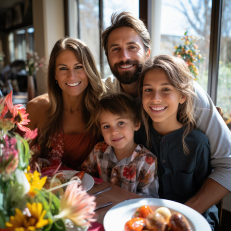 Family celebrating Easter, sitting together at dinner table. ai generatedの素材