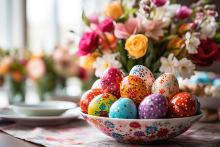 Beautiful table setting with spring flowers for Easter celebration. ai generatedの素材