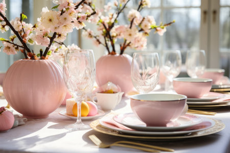 Beautiful table setting with spring flowers for Easter celebration. ai generatedの素材