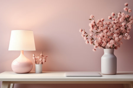 romantic desk mockup, pink and white female accessories, on a white desk. ai generatedの素材