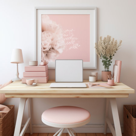romantic desk mockup, pink and white female accessories, on a white desk. ai generatedの素材