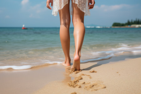 woman feet standing on sandy beach. ai generatedの素材