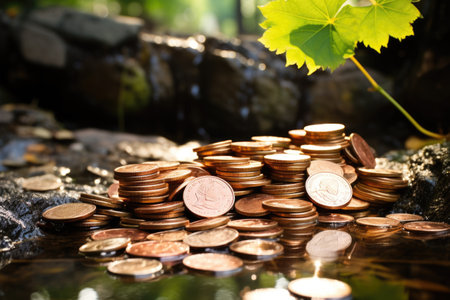 Set of gold coins isolated on background in different positions outdoors. ai generatedの素材