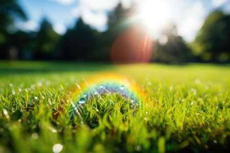 rainbow flowers and grass with droplets of water on wet ground after rain. ai generatedの素材