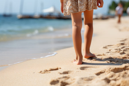 child feet standing on sandy beach. ai generatedの素材