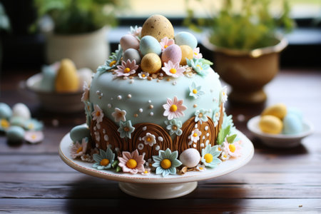 Delicious decorated Easter cake in rustic kitchen. ai generatedの素材