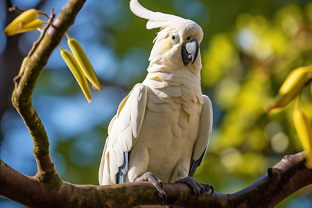 Close up of white parrot on tree branch. ai generatedの素材