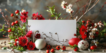 Greeting card mockup with branches of flowers, top view, flat lay. ai generatedの素材