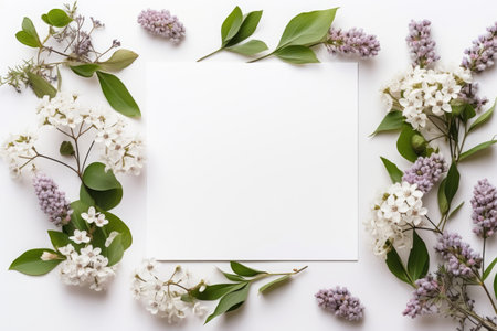Greeting card mockup with branches of flowers, top view, flat lay. ai generatedの素材
