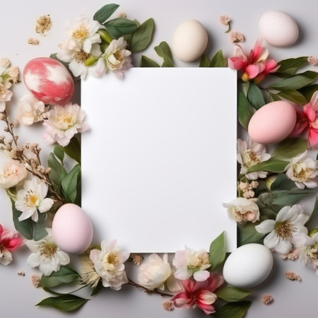 Greeting card mockup with branches of flowers, top view, flat lay. ai generatedの素材