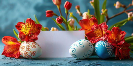 Greeting card mockup with branches of flowers, top view, flat lay. ai generatedの素材