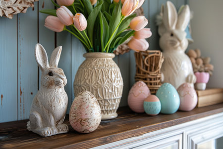 easter decorations. flowers, Easter bunnies and eggs on the table. ai generatedの素材