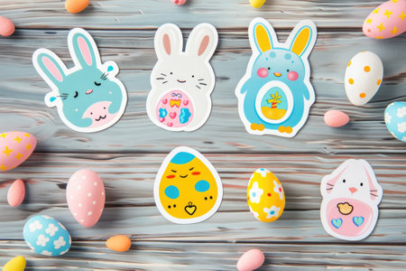 easter styled paper stickers on wooden background. Leisure activity for children. ai generatedの素材