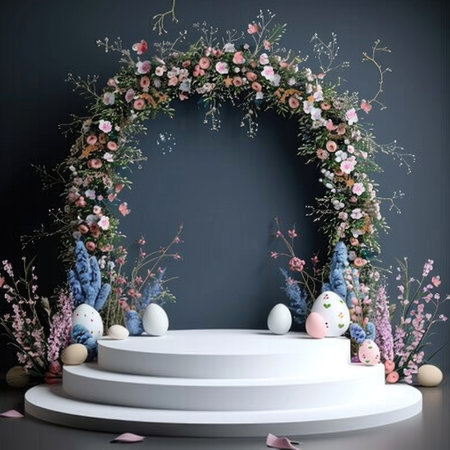 white stage podium with Easter wreath arch. ai generatedの素材