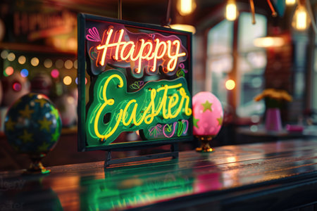 Happy Easter taxi on creative neon style greeting card. eggs, feathers. ai generatedの素材