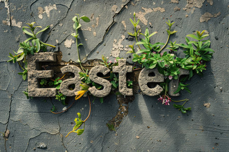 the word easter breaking out of a cement outdoors decorated with plants and flowers. ai generatedの素材