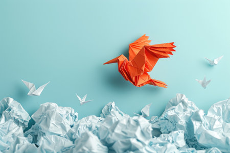 Concept of new idea and creative thinking as a symbol of innovation and inspiration. metaphor as a group of crumpled papers with one different paper transforming into an origami bird in flight. ai generatedの素材