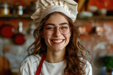 emotional portrait of happy Italian female chef in glasses. ai generatedの素材
