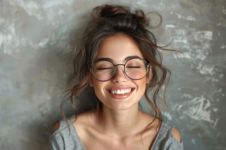 emotional portrait of happy Italian woman in glasses. ai generatedの素材