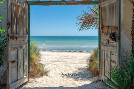 Open door with access to the beach from desert. Travel concept. ai generatedの素材