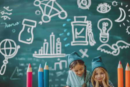 Success Through Education Concept. girl in graduate gown happy to learn, standing next to the blackboard. ai generatedの素材