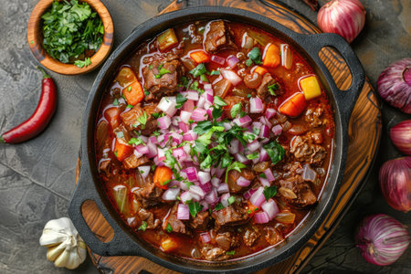 Traditional slow cooked Mexican pozole soup, top view iron roasting dish on an old rustic wooden board. ai generatedの素材