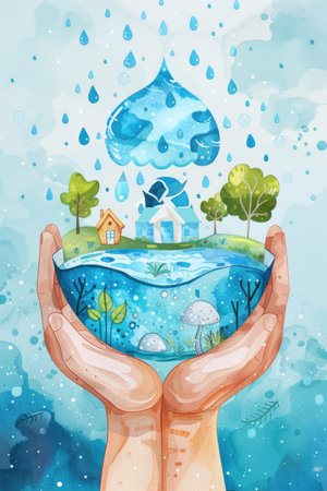 world water day concept. Hands holding clean water drop in shape of planet Earth. ai generatedの素材
