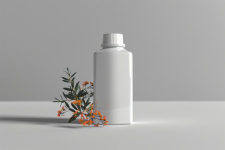 white plastic cosmetic bottle mockup with flowers. ai generatedの素材