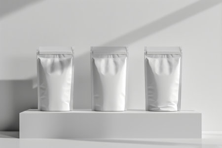 Mockup of white doypack, isolated on background. Premium bag template, close-up, doypack with coffee beans, for design, branding. ai generatedの素材