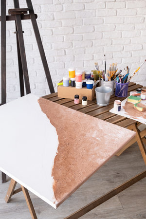 modern abstract acryl painting on Large Canvas in art studioの写真素材