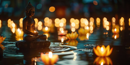 Vesak holiday. Big stone Buddha statue with lotus flowers outdoors in nature in sunset with beautiful bokeh. ai generatedの素材